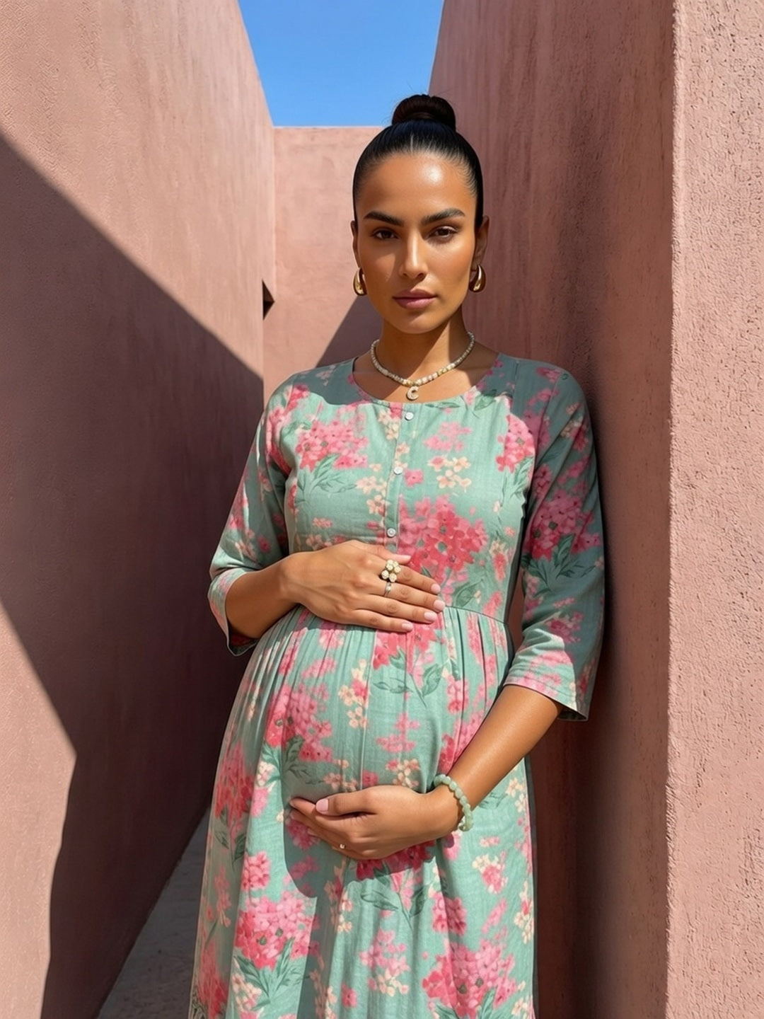 Cotton Maternity Dress, Green