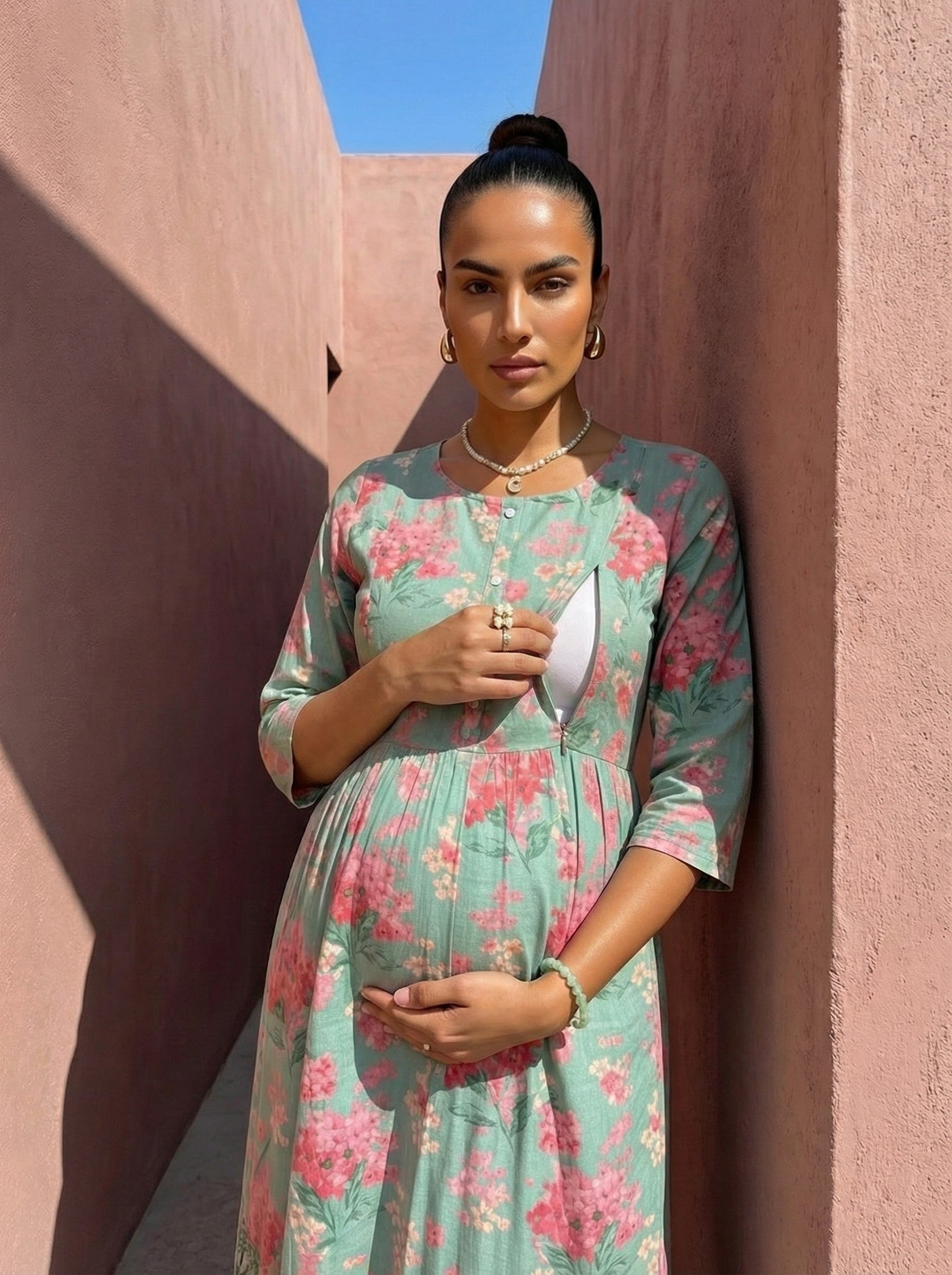 Cotton Maternity Dress, Green