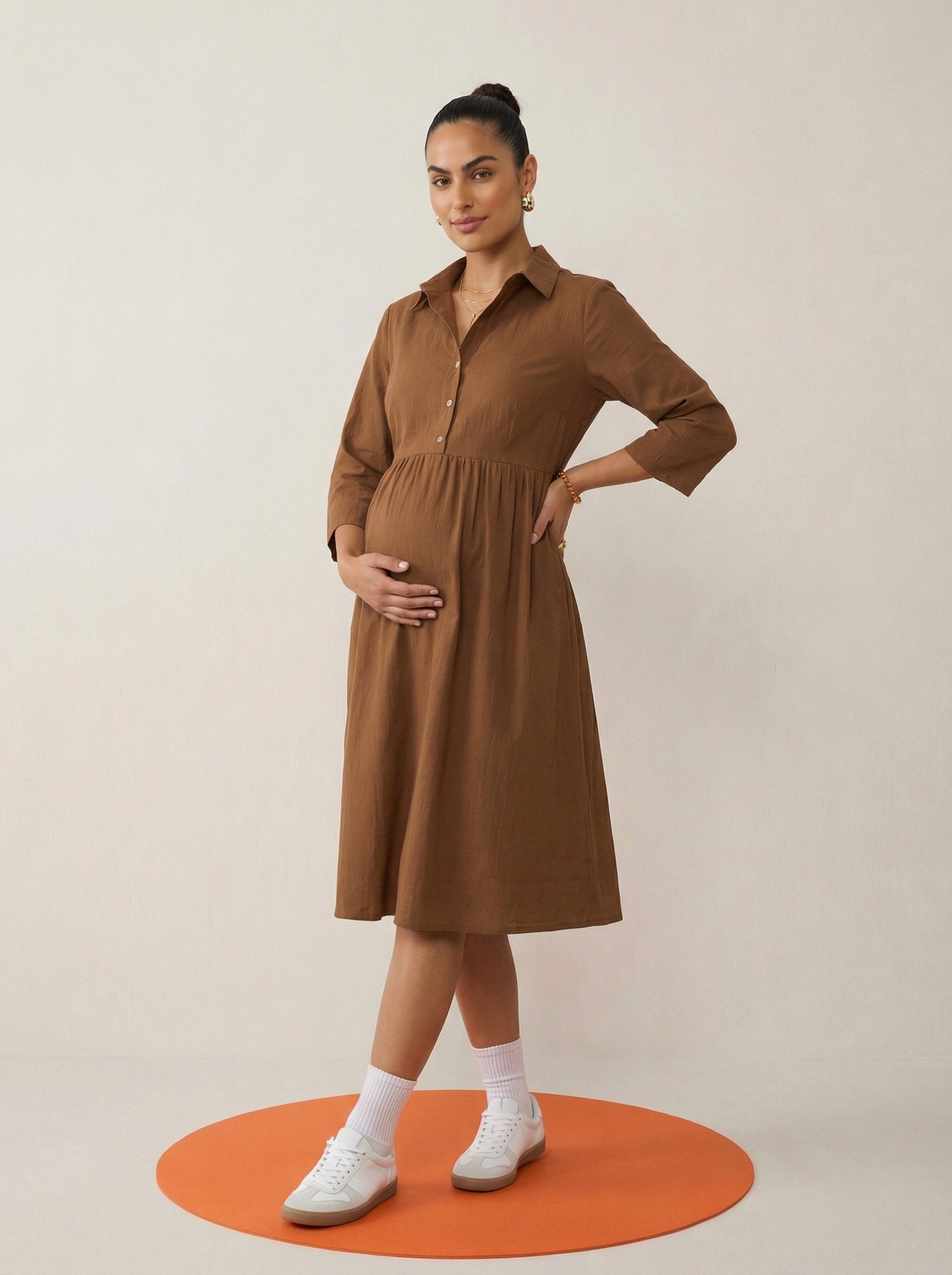 Cotton Maternity Dress, Brown