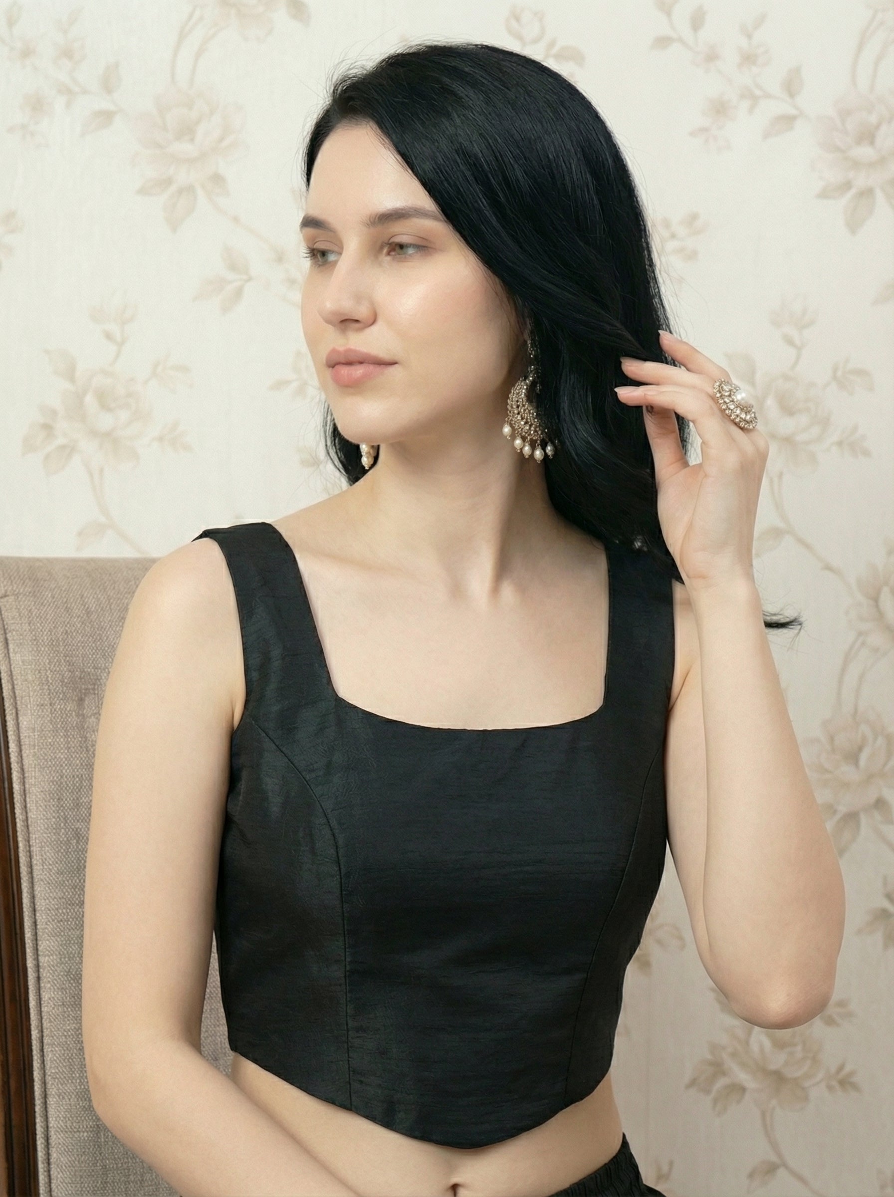 Raw Silk Corset Blouse, Black