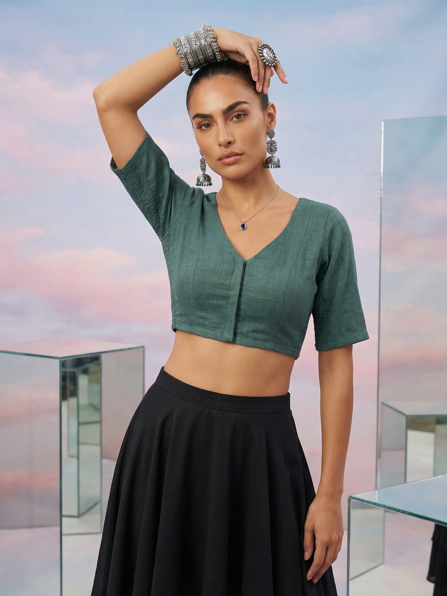 Cotton Stretchable Blouse, Green